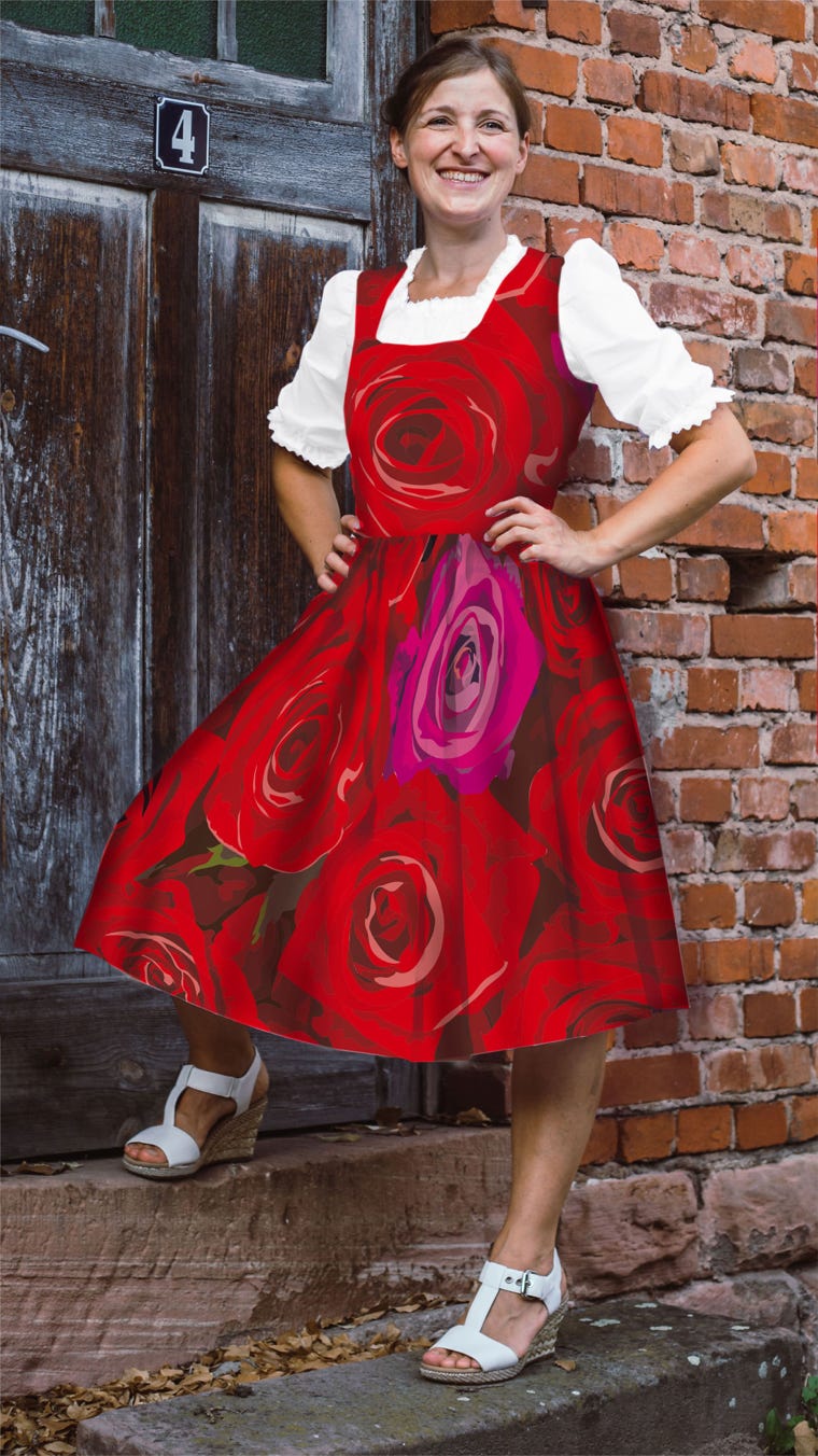 Kraut-Rock-Modell „Rote Rosen“, mit weißer Dirndl-Bluse